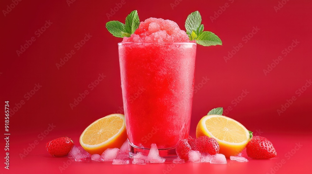 Slushie in red. Ice that has been shaved sweetly. Spanish granizado drink with fruit. refreshing iced tea for summer Slushie in red. Ice that has been shaved sweetly. Spanish granizado drink with fruit. refreshing iced tea for summer