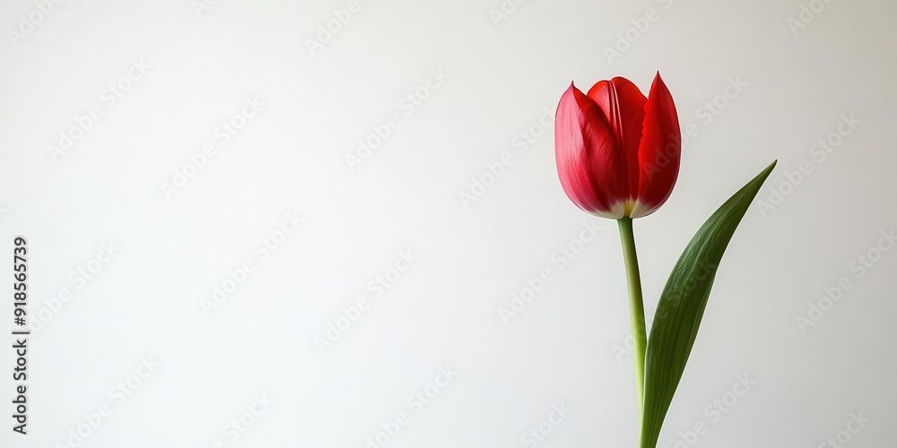 A single red tulip against a white backdrop, captured in a minimalist shot that highlights its sleek form and vibrant color, is truly captivating.