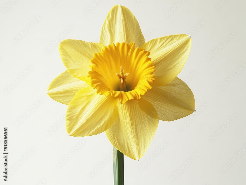 Fototapeta premium Close-up of a single bright yellow daffodil, positioned against a white background, capturing the essence of spring