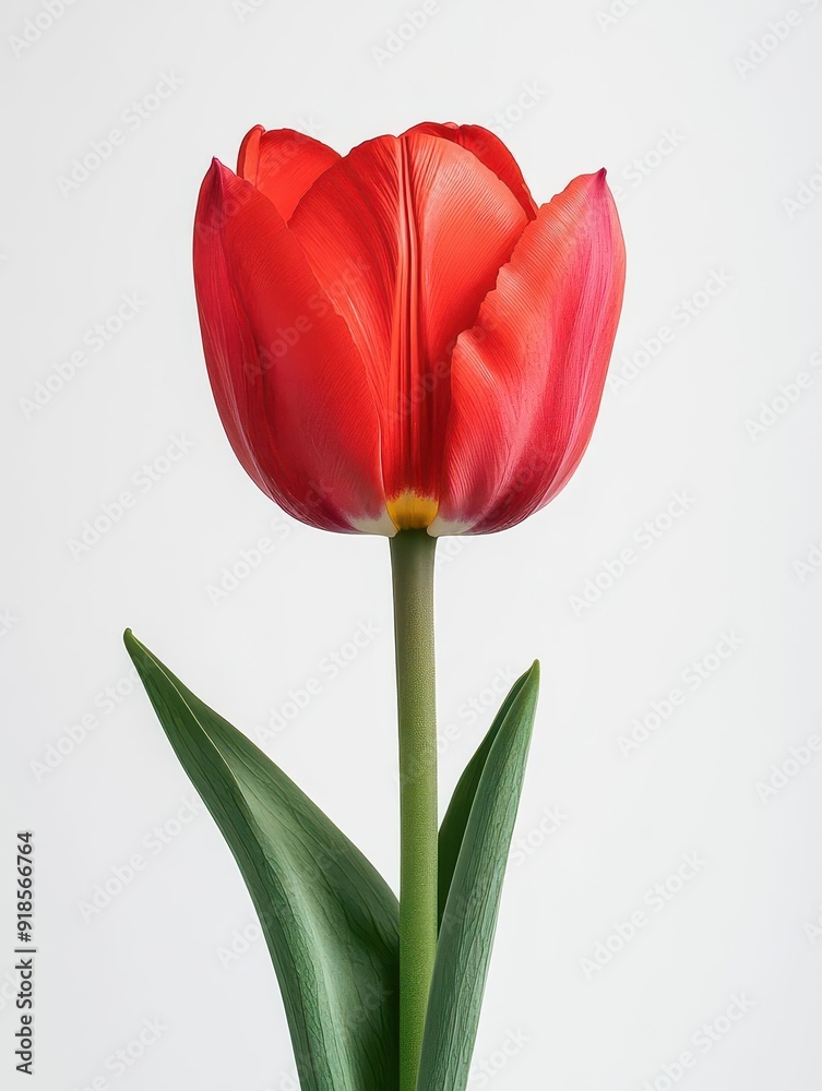 Fototapeta premium A bright red tulip in full bloom stands alone against a white backdrop, highlighting its vibrant hue and elegant shape.