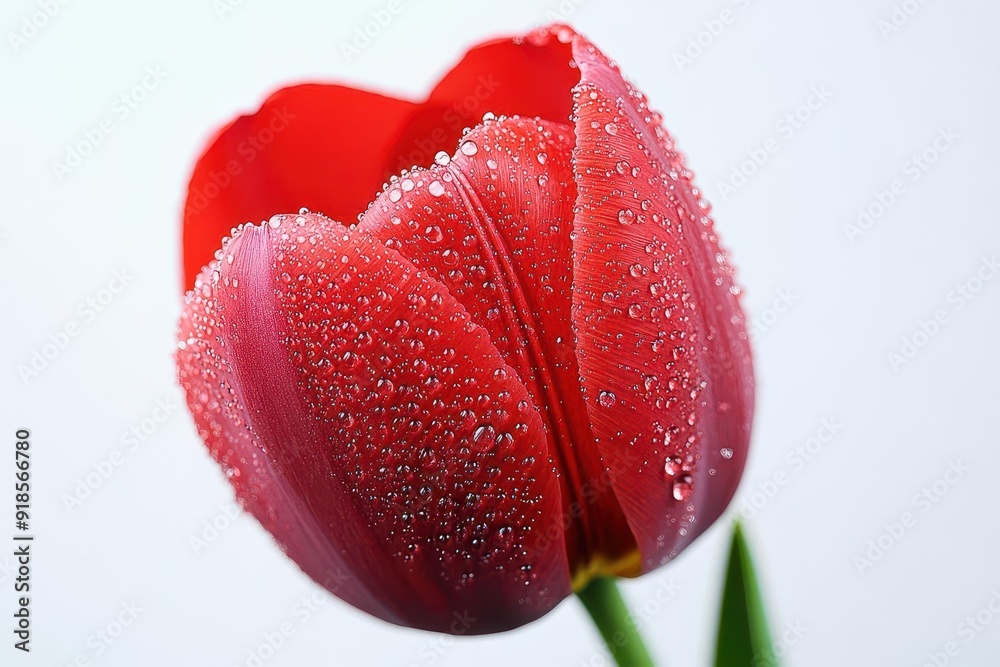 A bright red tulip with dewdrops on petals, contrasting beautifully against a white background, evoking the essence of springtime. A bright red tulip with dewdrops on petals, contrasting beautifully against a white background, evoking the essence of springtime.