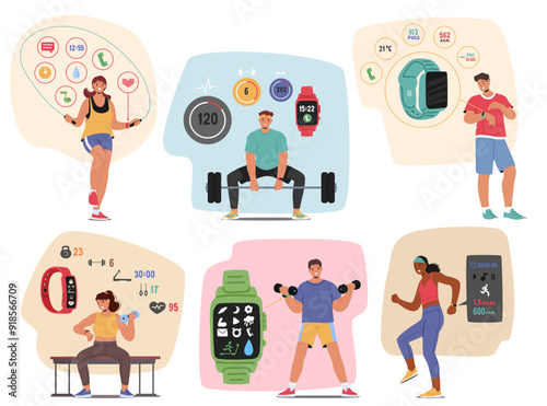 Set Of People Using Smartwatches And Fitness Apps During Exercises. Characters Running, Lifting Weights And Cycling