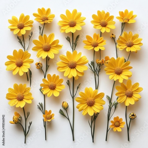 Arrangement of yellow daisies in a minimalist style against a white background, highlighting their cheerful nature