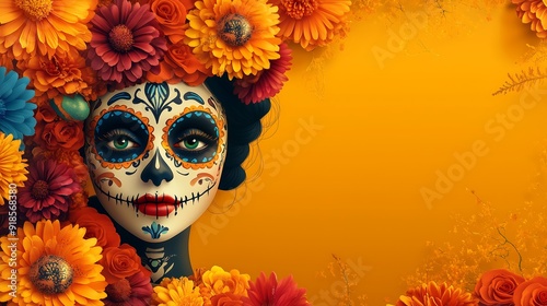 design banner for the day of the dead with mexican painted woman face for websites or social media, background cards invitation wallpaper sticker decoration free space for text