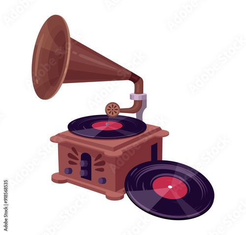 Antique gramophone with vinyl. Retro music device, old gramophone player for listening music flat vector illustration. Nostalgic melody phonograph on white