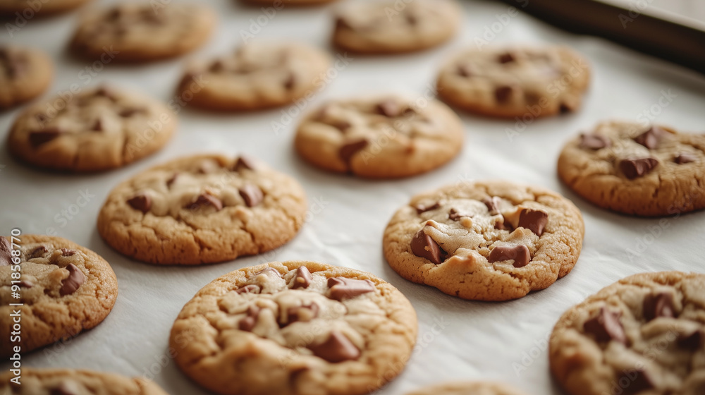 Baking sheet filled with perfectly spaced, identical cookies fresh from the oven Baking sheet filled with perfectly spaced, identical cookies fresh from the oven
