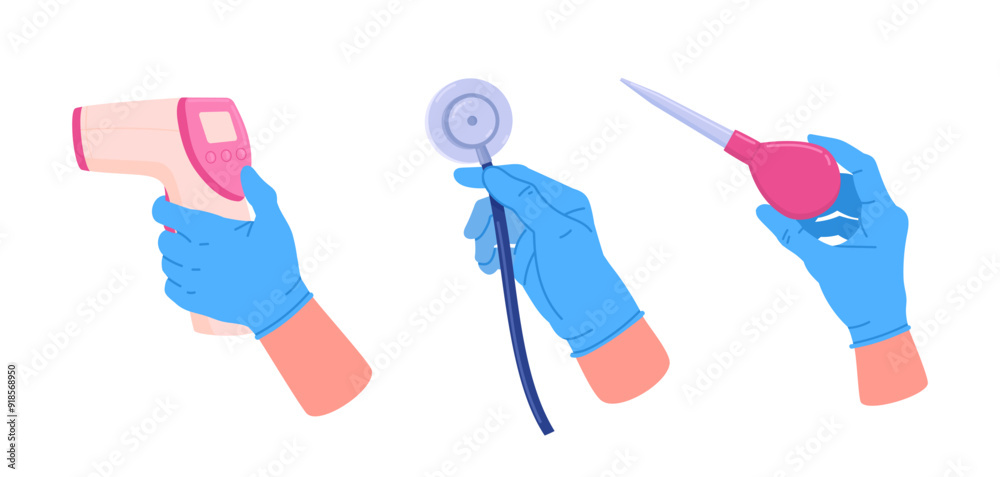 Doctors hands. Cartoon physician hands in rubber gloves, medical worker hands holding thermometer, stethoscope and enema flat vector illustration set. Medical tools in doctors hands Doctors hands. Cartoon physician hands in rubber gloves, medical worker hands holding thermometer, stethoscope and enema flat vector illustration set. Medical tools in doctors hands