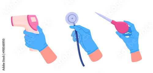 Doctors hands. Cartoon physician hands in rubber gloves, medical worker hands holding thermometer, stethoscope and enema flat vector illustration set. Medical tools in doctors hands