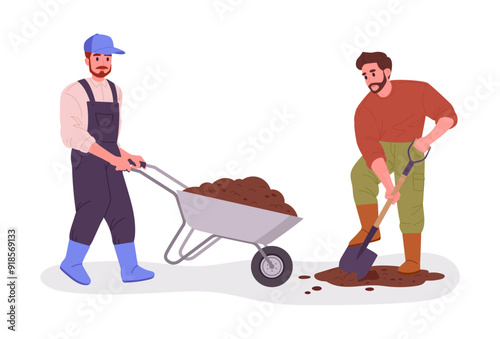 Farmers dig ground. Agriculture workers gardening and carry soil on cart, harvesting and husbandry flat vector illustration. Men work with soil