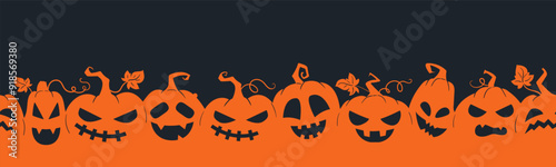 Halloween pumpkin seamless banner. Spooky squash lanterns silhouettes, scary jack-o-lanterns halloween flat vector background illustration. Halloween holiday party endless poster