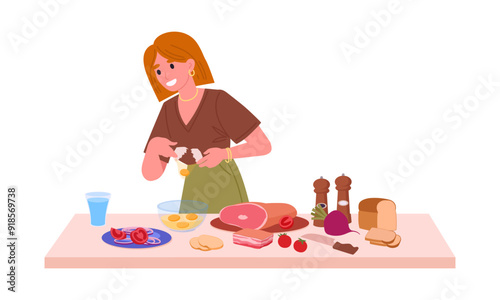 Woman cooking at home. Female character cooking tasty dishes, preparing food at home flat vector illustration. Homemade meal preparation scene
