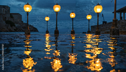 Réverbères illuminant la nuit pluvieuse près de la mer