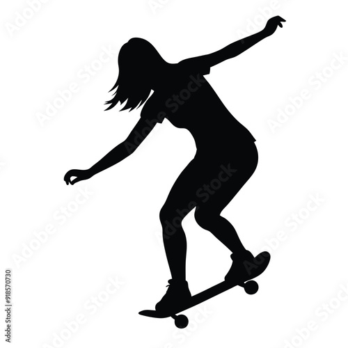 A Female skater practicing skateboarding vector silhouette, isolated white background 