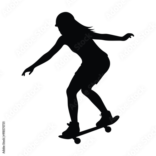 A Female skater practicing skateboarding vector silhouette, isolated white background 