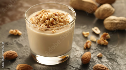 Glass of creamy liquid with ground nuts, placed on a smooth surface, with whole nuts nearby