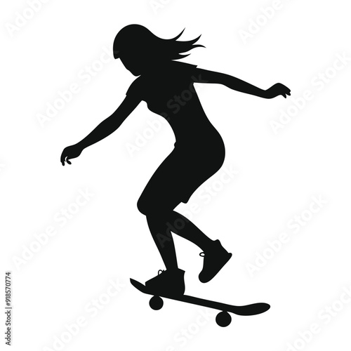 A Female skater practicing skateboarding vector silhouette, isolated white background 