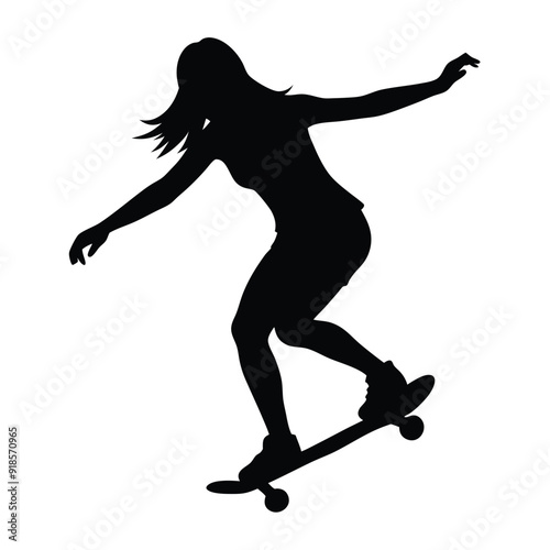 A Female skater practicing skateboarding vector silhouette, isolated white background 