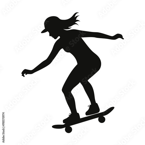 A Female skater practicing skateboarding vector silhouette, isolated white background 