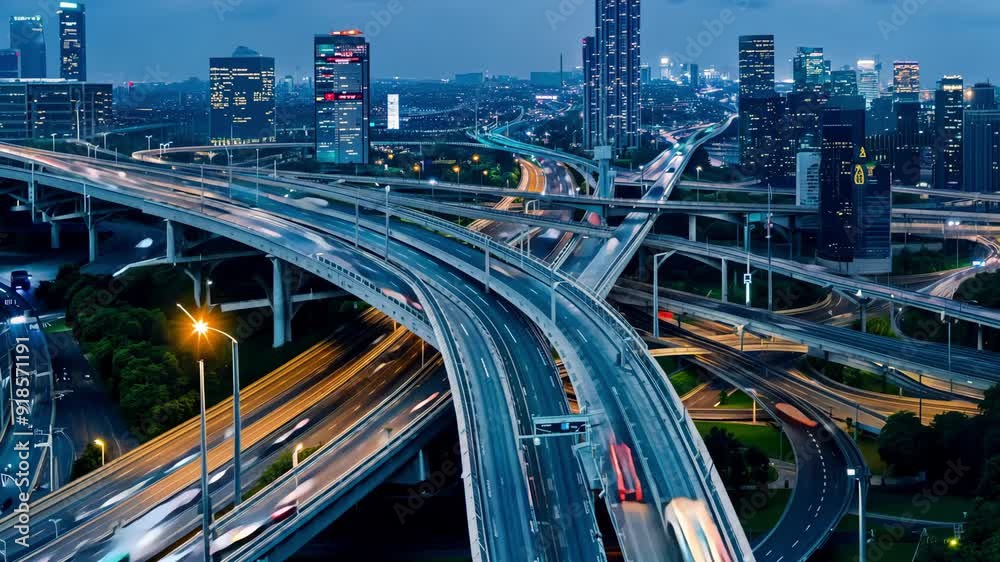 Traffic flows along an intricate network of overpasses as the city skyline glimmers under twilight. timelapse Traffic flows along an intricate network of overpasses as the city skyline glimmers under twilight. timelapse