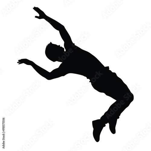 a vector silhouette, young man doing parkour jump. isolated white background 