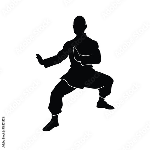 Male martial arts kung fu man standing posing silhouette vector, isolated white background