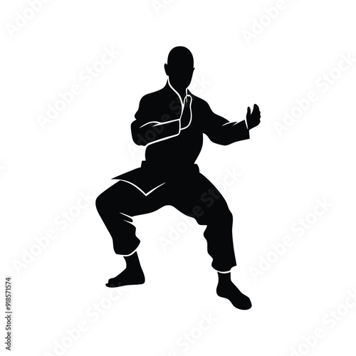 Male martial arts kung fu man standing posing silhouette vector, isolated white background