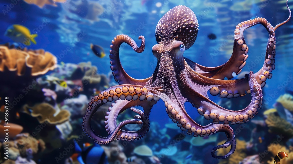 Obraz premium A close-up of a large octopus with its tentacles spread out in a water tank. There are small fish and coral in the background.
