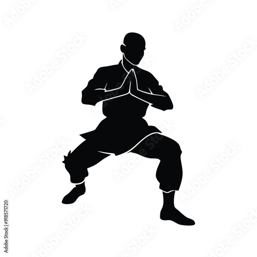 Male martial arts kung fu man standing posing silhouette vector, isolated white background