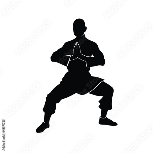 Male martial arts kung fu man standing posing silhouette vector, isolated white background