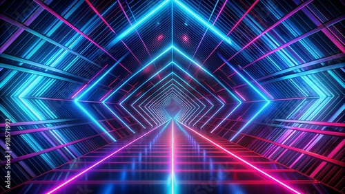 Futuristic neon tunnel with geometric light patterns in vibrant colors