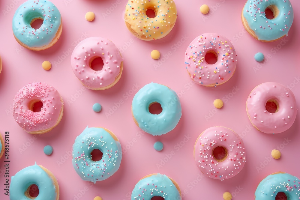 Flat lay composition of colorful glazed donuts with sprinkles on a pastel background. Sweet and playful dessert concept