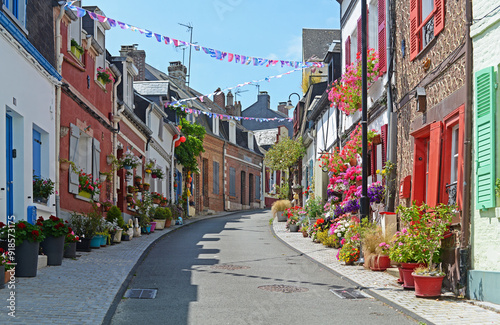 Street decorated with plants, flowers and flags in the old part of Saint Valery sur Somme in France photo