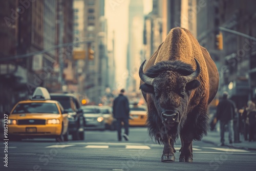 A photo of a bison exploring the city in New York. Demonstrating concepts including urban wildlife, habitat loss, urbanisation, adaptation, nature versus civilisation, wildness versus modernity.