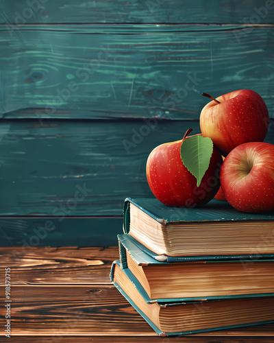 Back to School, Apples and Stack of Books on Desk, Rustic  Wood Wallpaper Classroom Background for Education, Learning, Teachers and Students