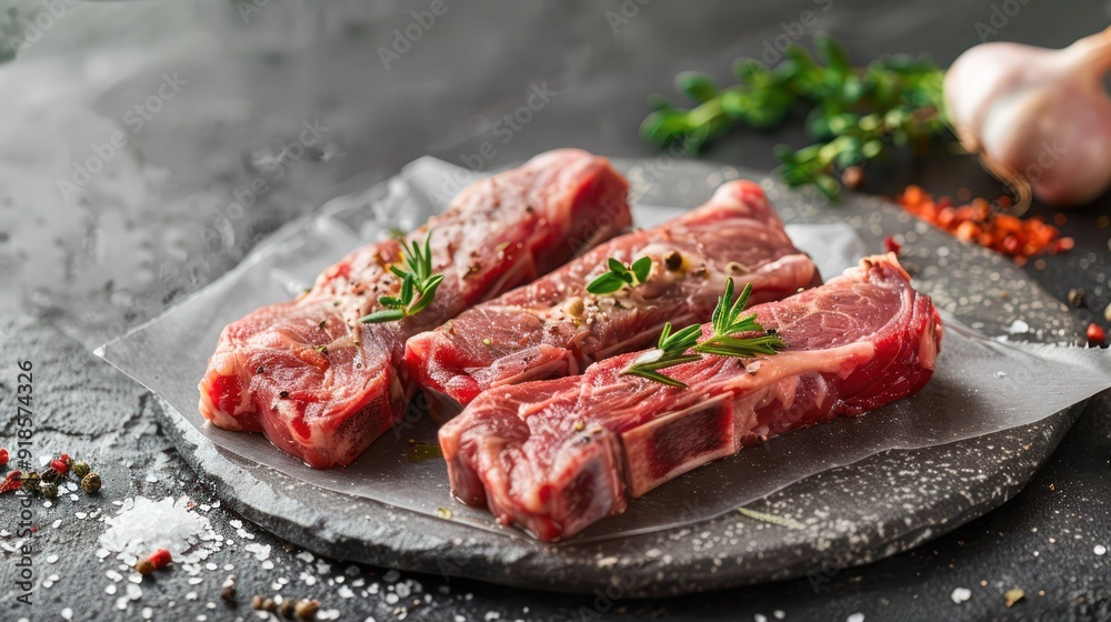 Raw lamb ribs on plate with natural background, plate of meat and vegetables with a side of a dish, Raw lamb ribs on plate with natural background, plate of meat and vegetables with a side of a dish,