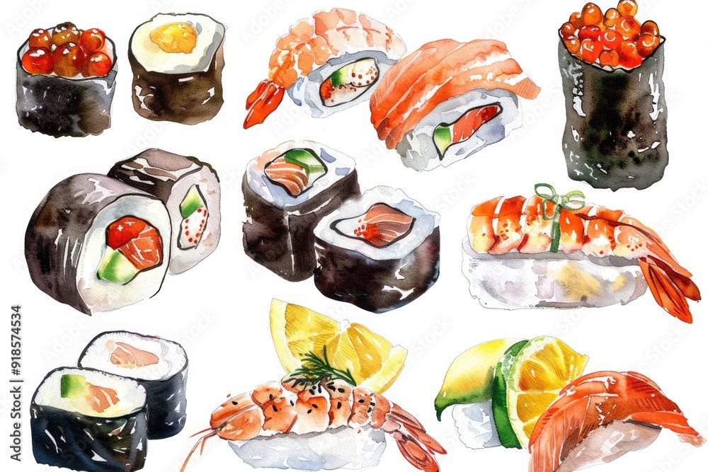 Hand-Drawn Nigiri Sushi Set with Salmon and Seafood in Traditional Japanese Cuisine Concept Hand-Drawn Nigiri Sushi Set with Salmon and Seafood in Traditional Japanese Cuisine Concept