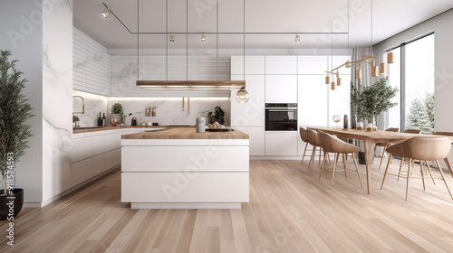 Beautiful Luxury Kitchen Interior in white with wooden floor and kitchen island