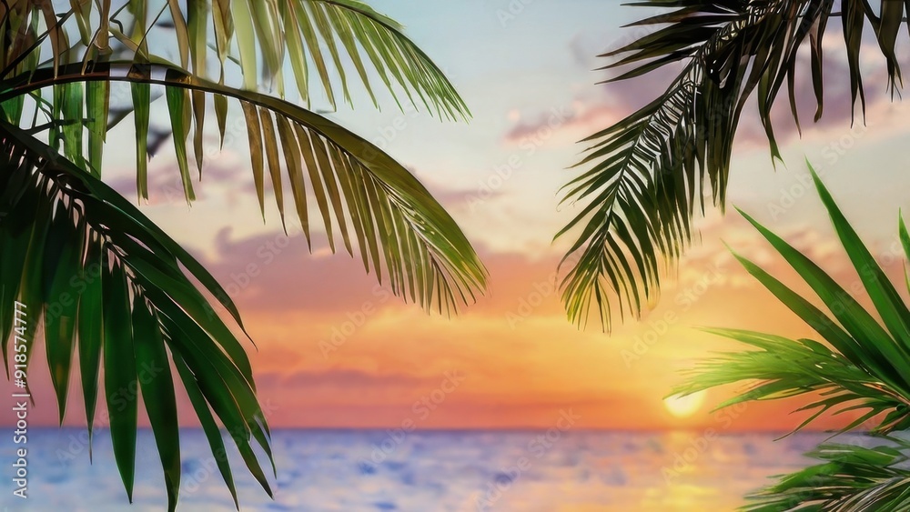 Fototapeta premium Close up of sunset with palm trees and colorful sky in the background