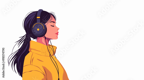 Illustration of a beautiful girl listening to music on headphones. Relaxation.