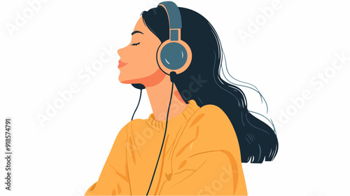 Illustration of a beautiful girl listening to music on headphones. Relaxation.