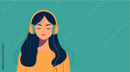 Illustration of a beautiful girl listening to music on headphones. Relaxation.