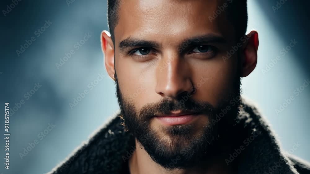A young man stares directly at the camera, showcasing his beard and piercing eyes under striking lighting. A young man stares directly at the camera, showcasing his beard and piercing eyes under striking lighting.
