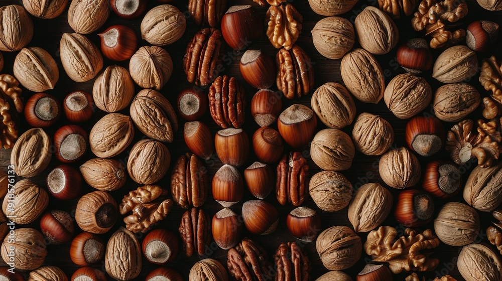 A group of nuts and shells is neatly arranged on wood with one nut at each end A group of nuts and shells is neatly arranged on wood with one nut at each end