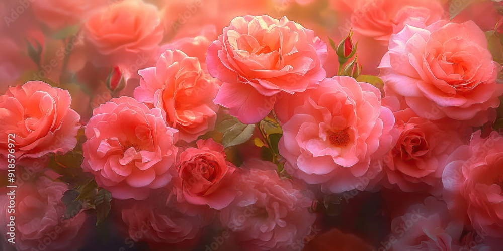 Blushing Blooms: A garden overflowing with vibrant pink roses, their petals dancing in the breeze Blushing Blooms: A garden overflowing with vibrant pink roses, their petals dancing in the breeze