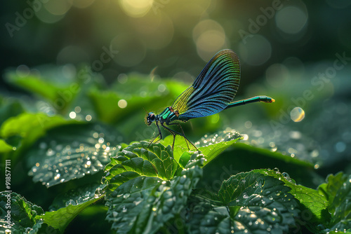 Male Blue-winged Damselfly on Green Plant photo