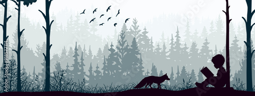 Boy reading book in nature. Fox watching in forest, birds, trees, grass. Silhouette landscape, banner, poster, illustration.