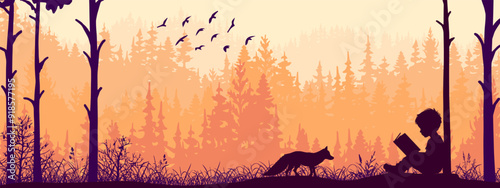Boy reading book in nature. Fox watching in forest, birds, trees, grass. Silhouette landscape, banner, poster, illustration.