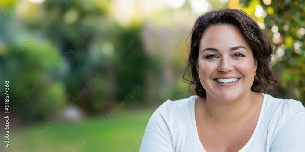 Smiling chubby ginger haired housewife posing at her home backyard looking at the camera Smiling chubby ginger haired housewife posing at her home backyard looking at the camera