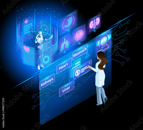 Artificial Intelligence Isometric. Female doctor makes a request to Artificial Intelligence about the patient's card and looks at the tests. AI in medicine