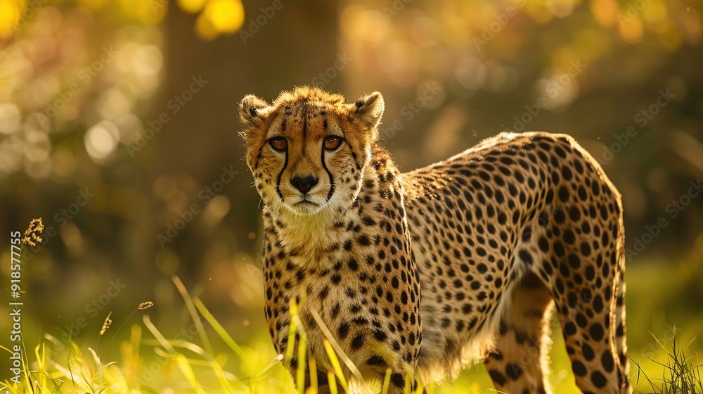 A close-up of a cheetah standing in a field of grass with trees in the background A close-up of a cheetah standing in a field of grass with trees in the background